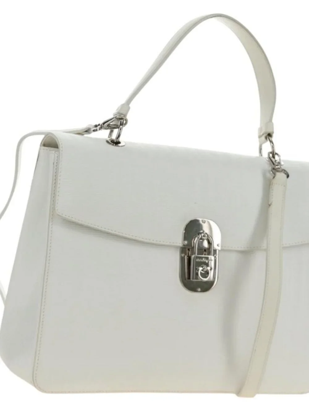 Salvatore Ferragamo Gancini Hand Bag PVC Leather 2way White Silver Auth 179530V